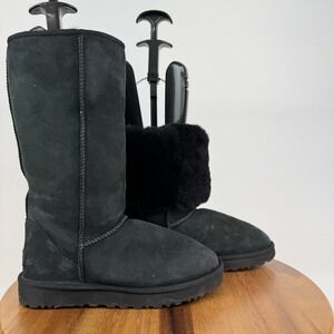 Womens Ugg Classic Tall II Black Suede Shearling Lined Casual Boots Size 8 M GUC